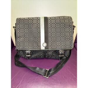 Coach Voyager Signature Black Messenger Bag in jacquard Logo fabric and leather